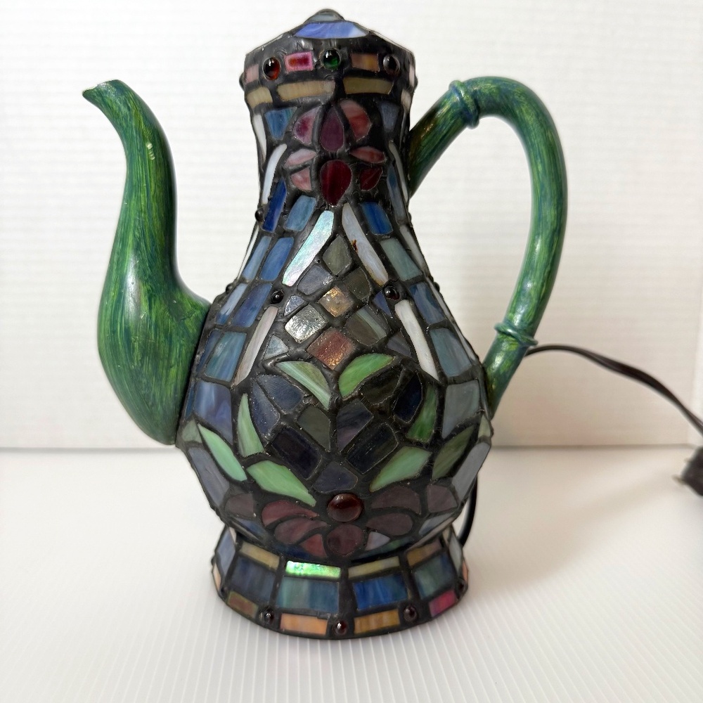 RARE Stained Glass Mosaic Teapot Kettle Lantern Night Light Unique Tiffany Style